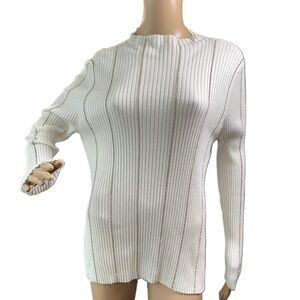 INC White Mock Neck‎ Long Sleeve Sequined Strips Ribbed Sweater Size XL Ethereal